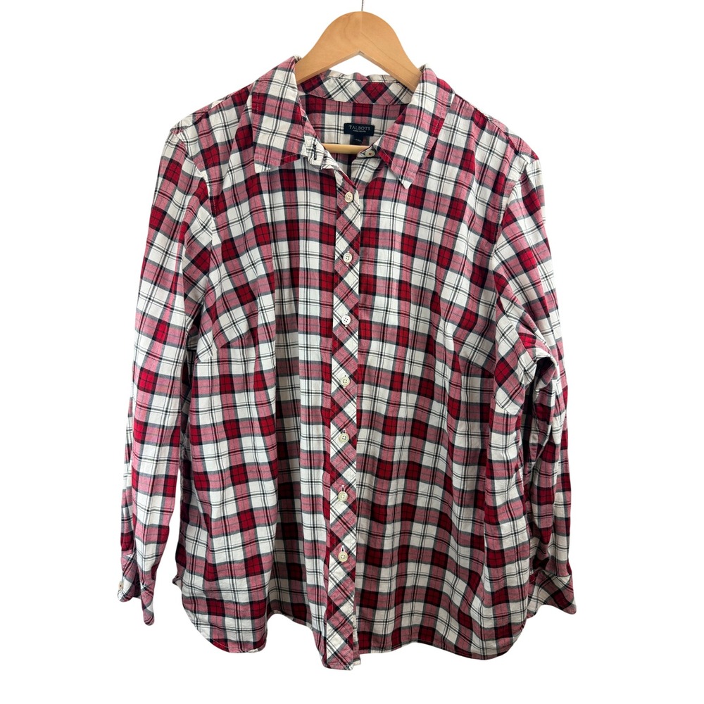 Talbots Women's Petite Plaid Button Down Shirt Red White Black 3XP Lightweight
